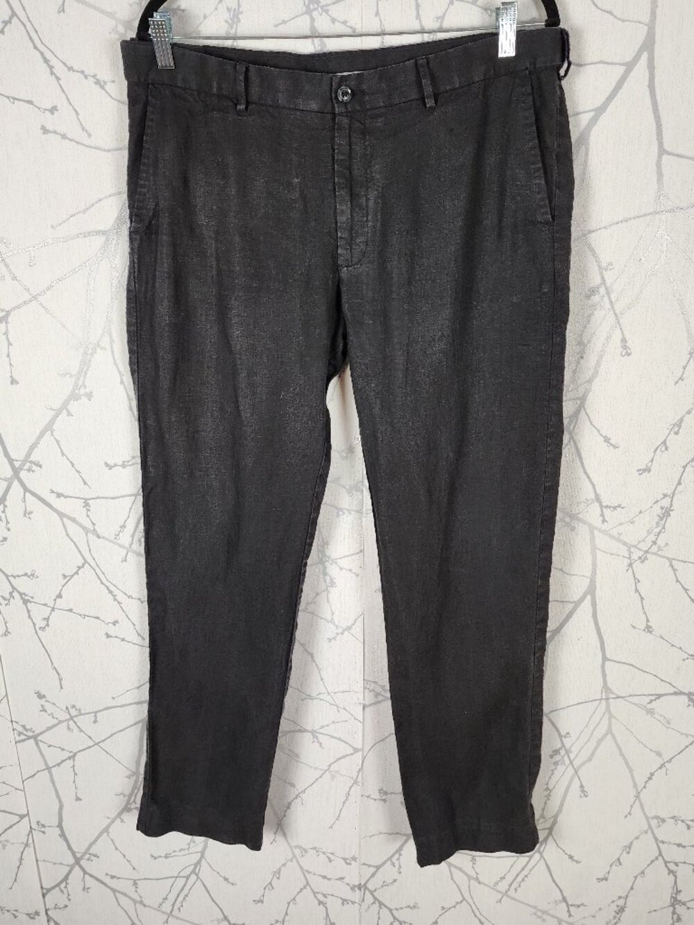 Linen Club Studio Black 100% Linen Mid Rise Slim Straight Leg Pants